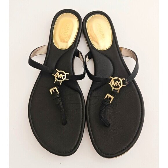 Michael Kors Blk Saffiano Leather Double Buckle Thong Sandals Gold MK Logo 8.5 - Picture 1 of 9